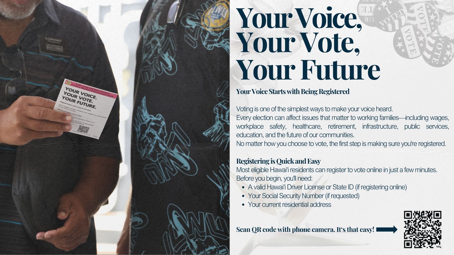 Your Voice, Your Vote, Your Future voter registration information for ILWU Local 142 members